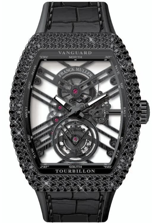 Best FRANCK MULLER Vanguard Tourbillon Skeleton Black Steel & Black Diamonds V 45 T SQT D (NR) (NRAC) (NR.GRI GRI) Replica Watch